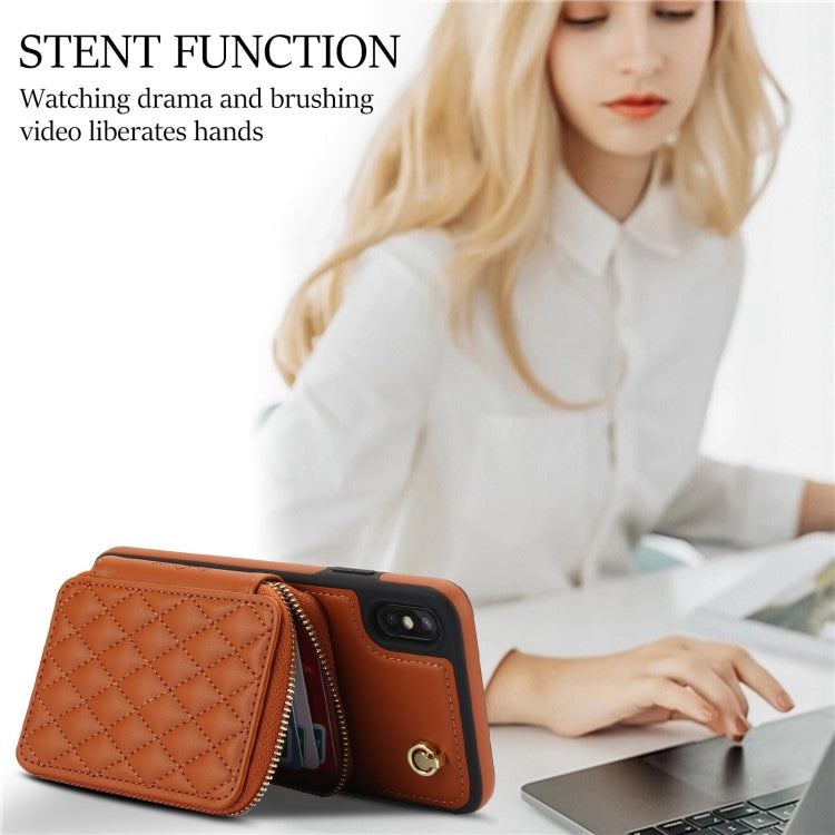 For iPhone XR AwQuer Crossbody Zipper Wallet Rhombic Leather Back Phone Case(Brown)