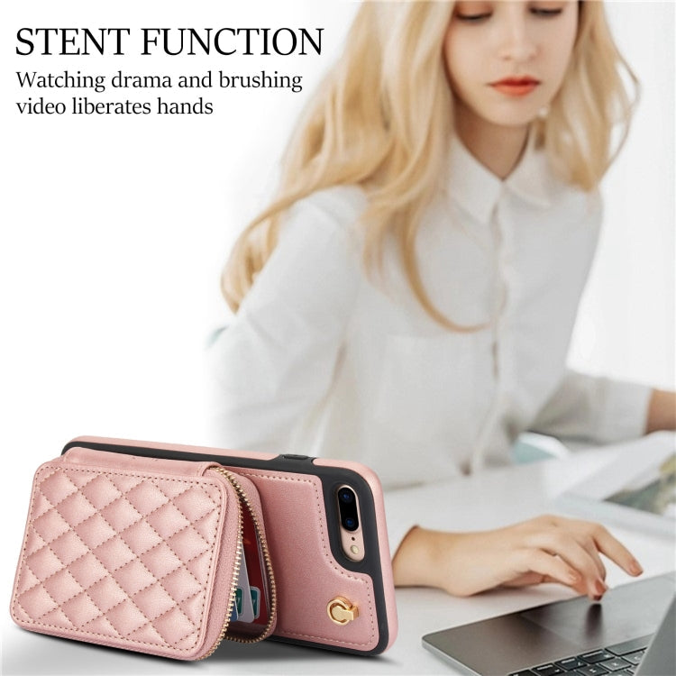 For iPhone 7 Plus / 8 Plus AwQuer Crossbody Zipper Wallet Rhombic Leather Back Phone Case(Rose Gold)
