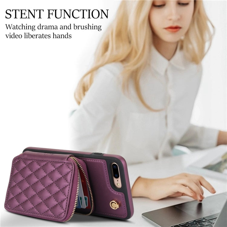 For iPhone 7 Plus / 8 Plus AwQuer Crossbody Zipper Wallet Rhombic Leather Back Phone Case(Dark Purple)