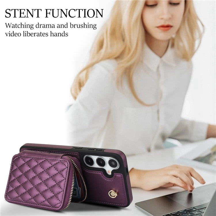 For Samsung Galaxy S24 / S25 5G AwQuer Crossbody Zipper Wallet Rhombic Leather Back Phone Case(Dark Purple)
