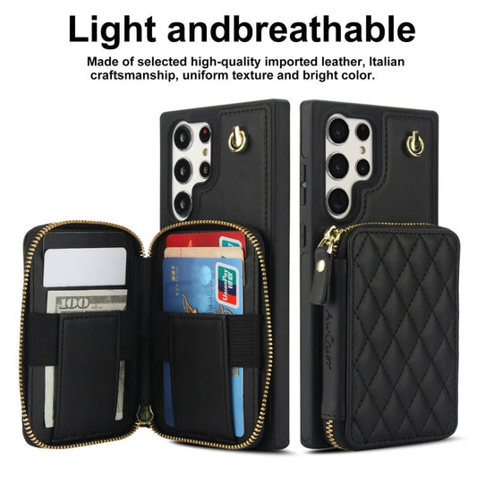 For Samsung Galaxy S24 Ultra 5G AwQuer Crossbody Zipper Wallet Rhombic Leather Back Phone Case(Black)
