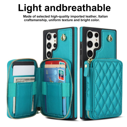 For Samsung Galaxy S24 Ultra 5G AwQuer Crossbody Zipper Wallet Rhombic Leather Back Phone Case(Green)