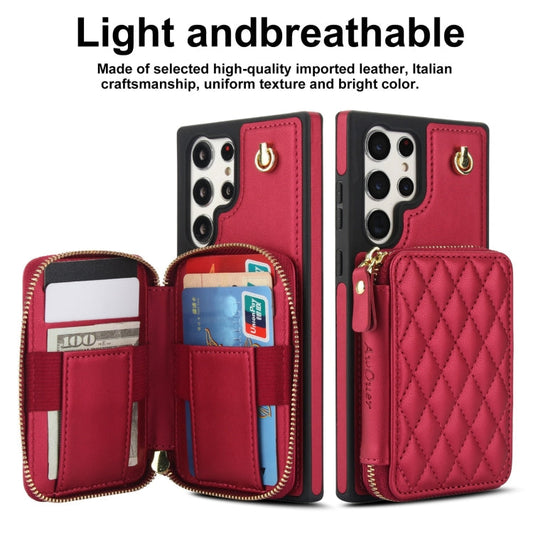 For Samsung Galaxy S23 Ultra 5G AwQuer Crossbody Zipper Wallet Rhombic Leather Back Phone Case(Red)