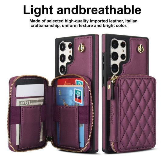 For Samsung Galaxy S23 Ultra 5G AwQuer Crossbody Zipper Wallet Rhombic Leather Back Phone Case(Dark Purple)