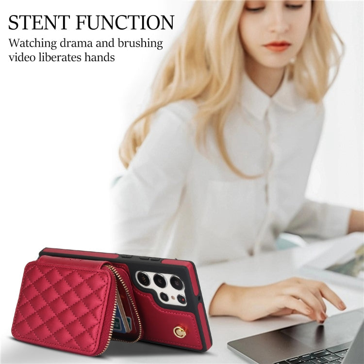 For Samsung Galaxy S22 Ultra 5G AwQuer Crossbody Zipper Wallet Rhombic Leather Back Phone Case(Red)