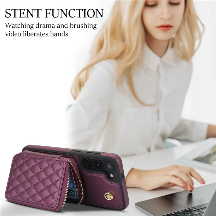 For Samsung Galaxy S23 5G AwQuer Crossbody Zipper Wallet Rhombic Leather Back Phone Case(Dark Purple)