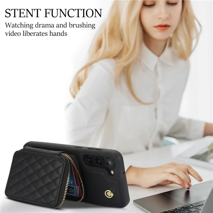 For Samsung Galaxy S23+ 5G AwQuer Crossbody Zipper Wallet Rhombic Leather Back Phone Case(Black)