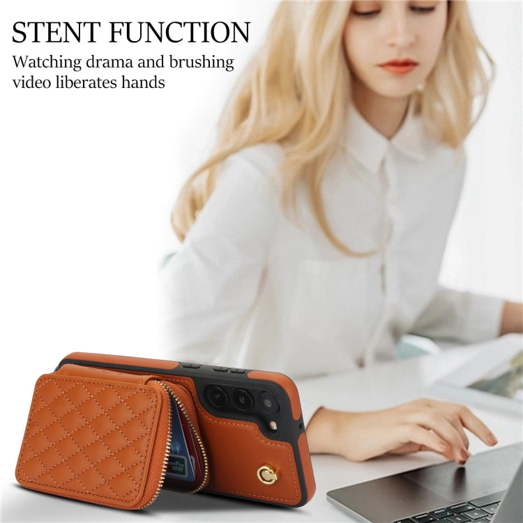 For Samsung Galaxy S23+ 5G AwQuer Crossbody Zipper Wallet Rhombic Leather Back Phone Case(Brown)