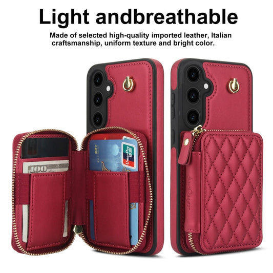 For Samsung Galaxy S23 FE 5G AwQuer Crossbody Zipper Wallet Rhombic Leather Back Phone Case(Red)