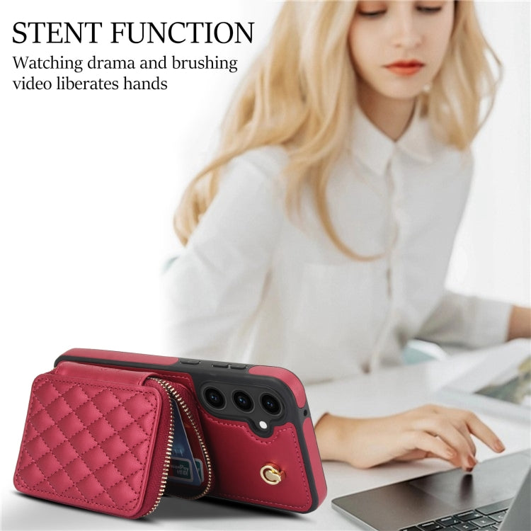 For Samsung Galaxy S23 FE 5G AwQuer Crossbody Zipper Wallet Rhombic Leather Back Phone Case(Red)