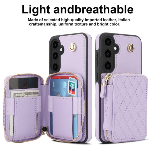 For Samsung Galaxy S23 FE 5G AwQuer Crossbody Zipper Wallet Rhombic Leather Back Phone Case(Purple)