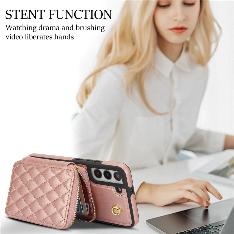 For Samsung Galaxy S22+ 5G AwQuer Crossbody Zipper Wallet Rhombic Leather Back Phone Case(Rose Gold)