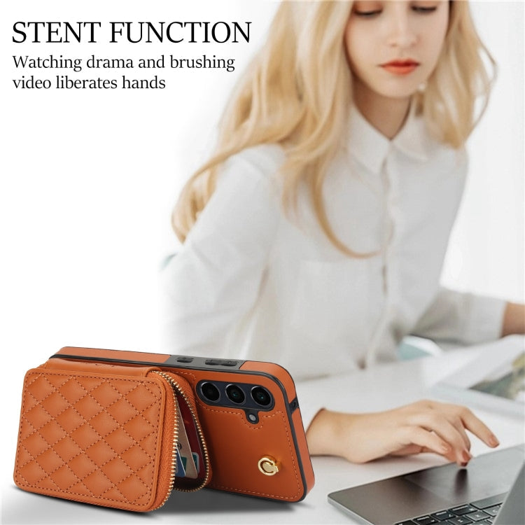 For Samsung Galaxy A55 5G AwQuer Crossbody Zipper Wallet Rhombic Leather Back Phone Case(Brown)