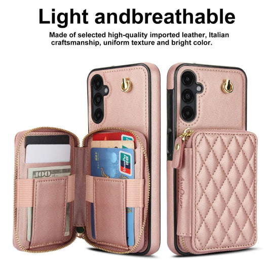 For Samsung Galaxy A14 4G / 5G AwQuer Crossbody Zipper Wallet Rhombic Leather Back Phone Case(Rose Gold)