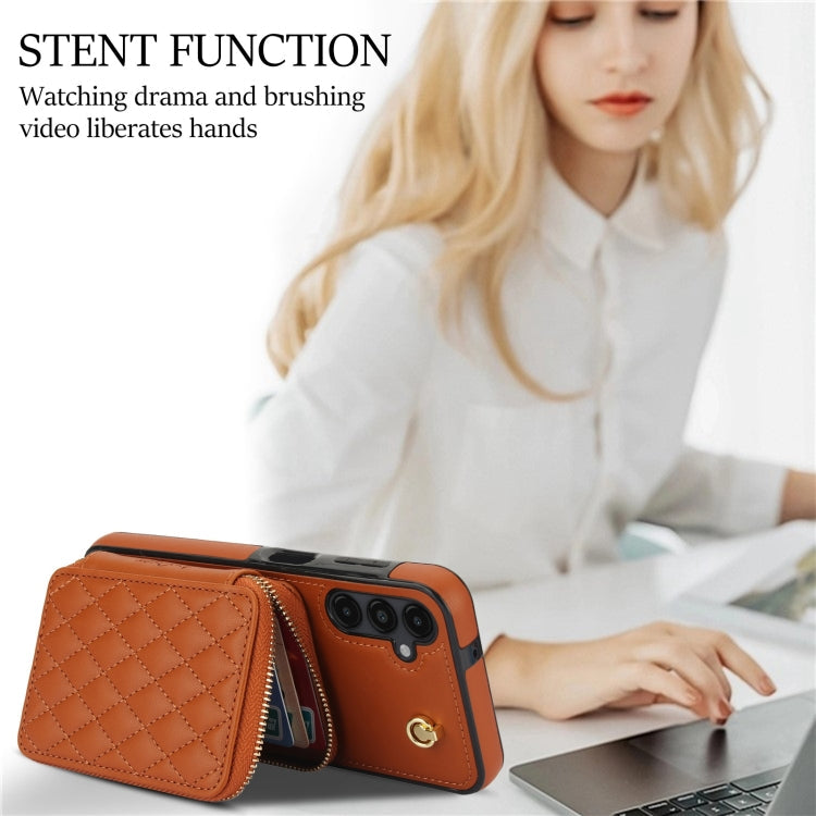 For Samsung Galaxy A14 4G / 5G AwQuer Crossbody Zipper Wallet Rhombic Leather Back Phone Case(Brown)