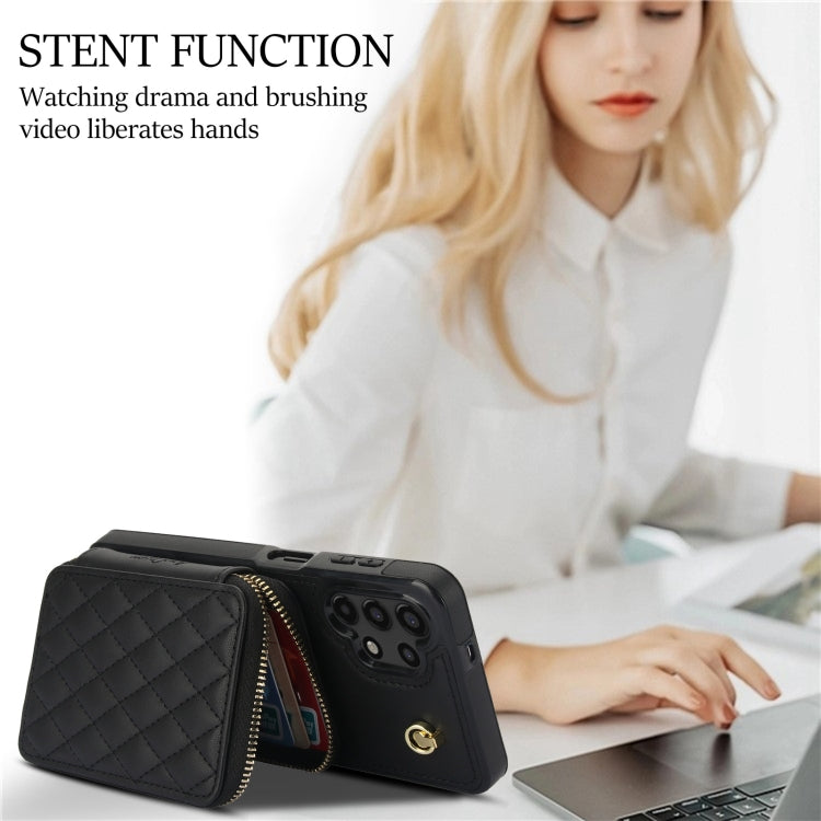 For Samsung Galaxy A13 4G / 5G AwQuer Crossbody Zipper Wallet Rhombic Leather Back Phone Case(Black)