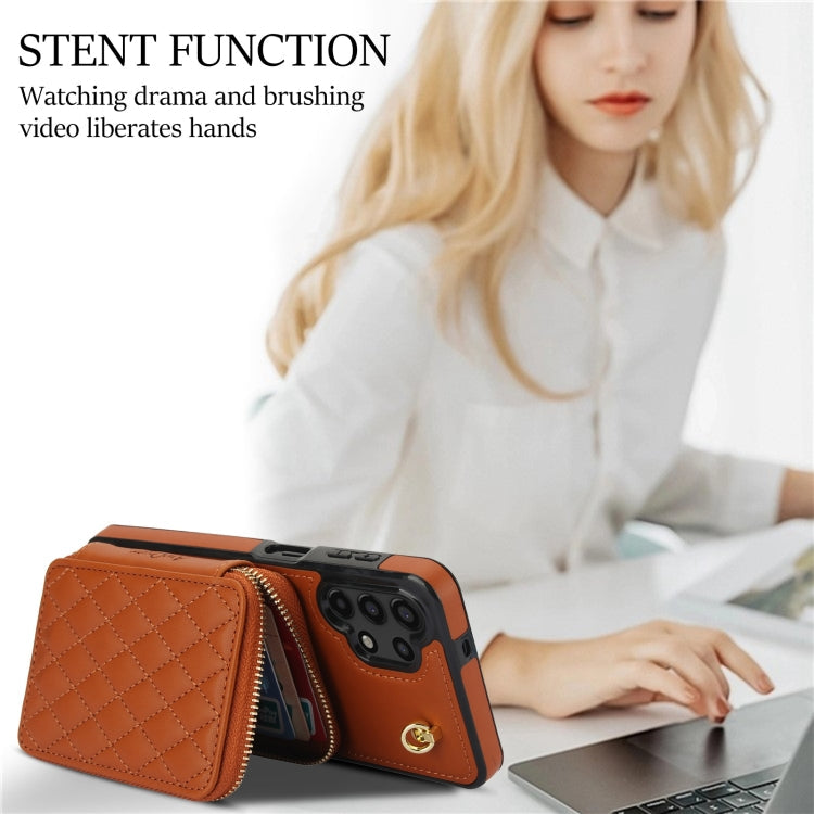 For Samsung Galaxy A13 4G / 5G AwQuer Crossbody Zipper Wallet Rhombic Leather Back Phone Case(Brown)