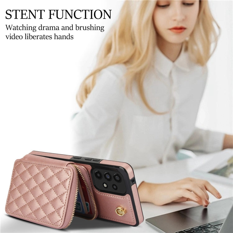 For Samsung Galaxy A73 4G / 5G AwQuer Crossbody Zipper Wallet Rhombic Leather Back Phone Case(Rose Gold)