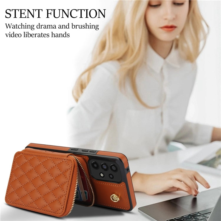 For Samsung Galaxy A73 4G / 5G AwQuer Crossbody Zipper Wallet Rhombic Leather Back Phone Case(Brown)