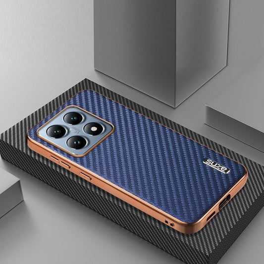 For Xiaomi 14T Pro AZNS Electroplated Edge Carbon Fiber Texture Phone Case(Blue)