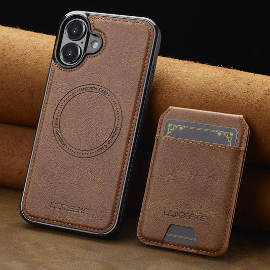 Pour iPhone 16 LC.IMEEKE Étui de téléphone Magsafe avec porte-cartes RFID détachable Série L3 (marron)