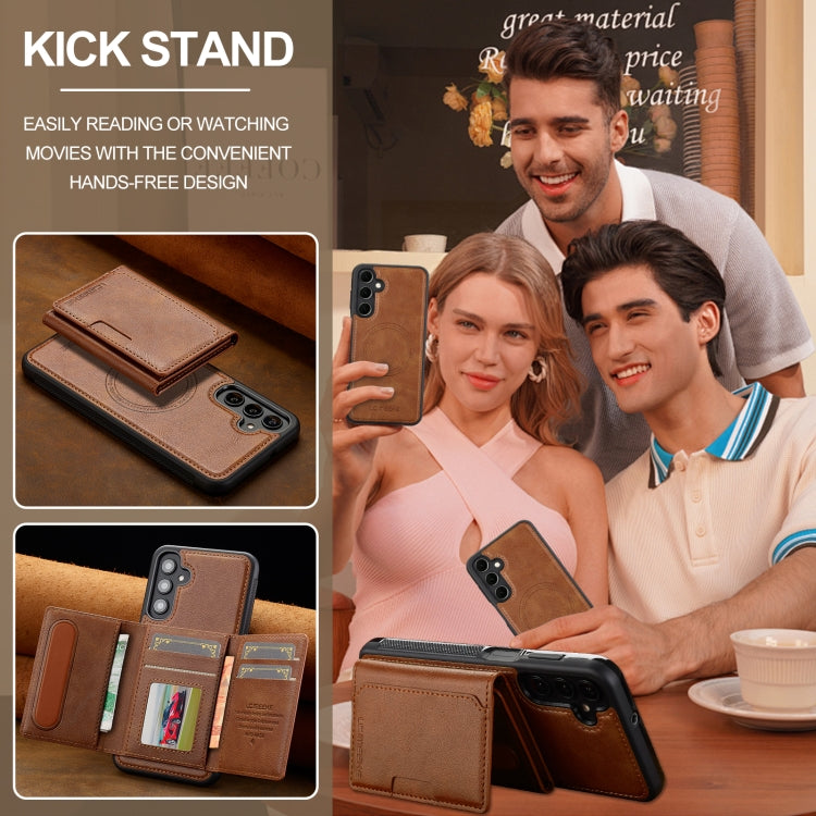 For Samsung Galaxy S23 FE 5G LC.IMEEKE L5 Series Detachable RFID Card Bag Magsafe Phone Case(Brown)