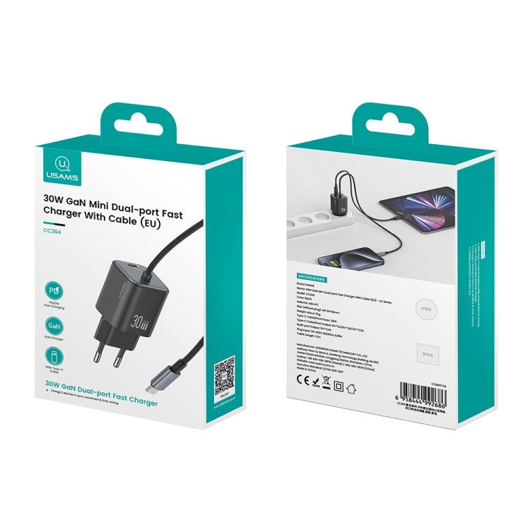 USAMS CC264 30W GaN Mini Type-C / USB-C Dual Port Fast Charger with Cable, EU Plug(White)