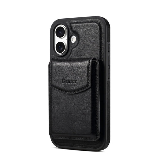 Pour iPhone 16 Denior D22 Coque de téléphone en cuir véritable avec porte-cartes MagSafe détachable (Noir)