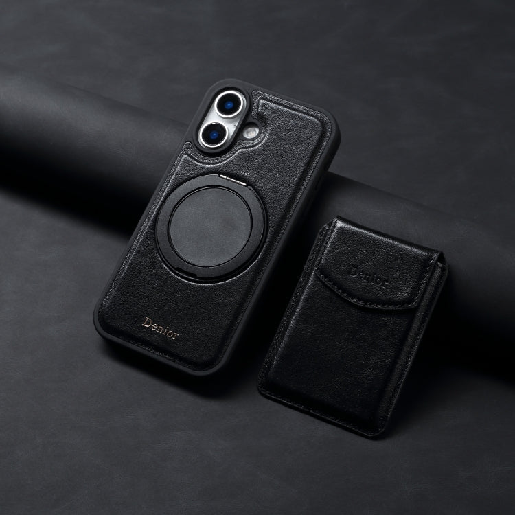 For iPhone 16 Denior D22 Genuine Leather MagSafe Holder Detachable Card Slot Phone Case(Black)