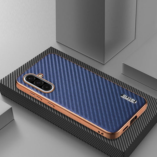 For Samsung Galaxy A36 AZNS Electroplated Edge Carbon Fiber Texture Phone Case(Blue)
