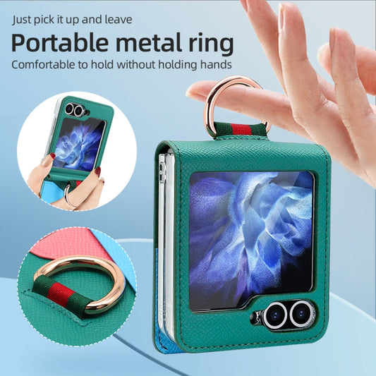 For Samsung Galaxy Z Flip5 VIETAO Metal Ring Card Slot PU Phone Case(Green Blue)