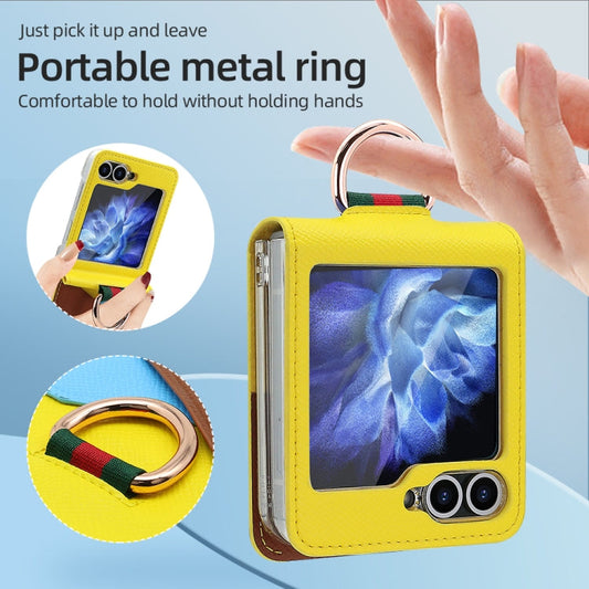 For Samsung Galaxy Z Flip5 VIETAO Metal Ring Card Slot PU Phone Case(Yellow Brown)