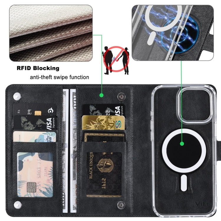 For iPhone 16 Pro Max ViLi GVS-C Series MagSafe Magnetic RFID Leather Flip Phone Case(Black)