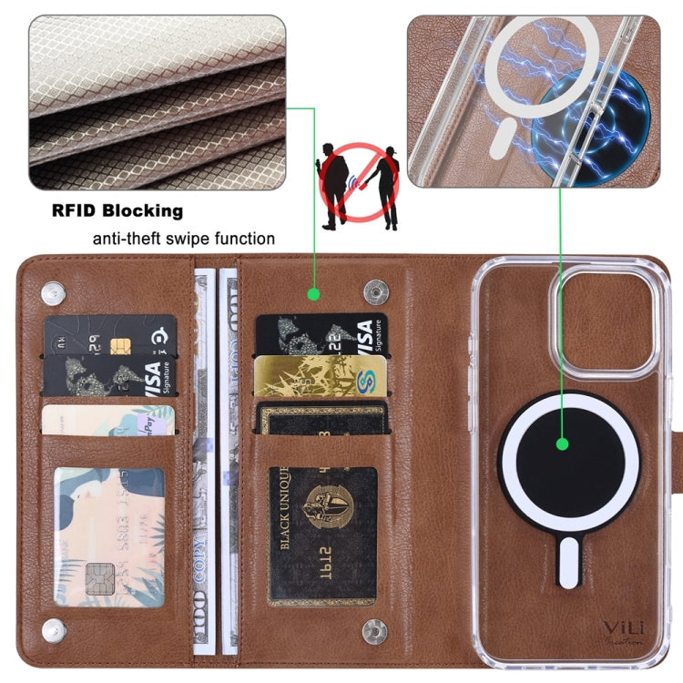 For iPhone 15 Pro Max ViLi GVS-C Series MagSafe Magnetic RFID Leather Flip Phone Case(Brown)