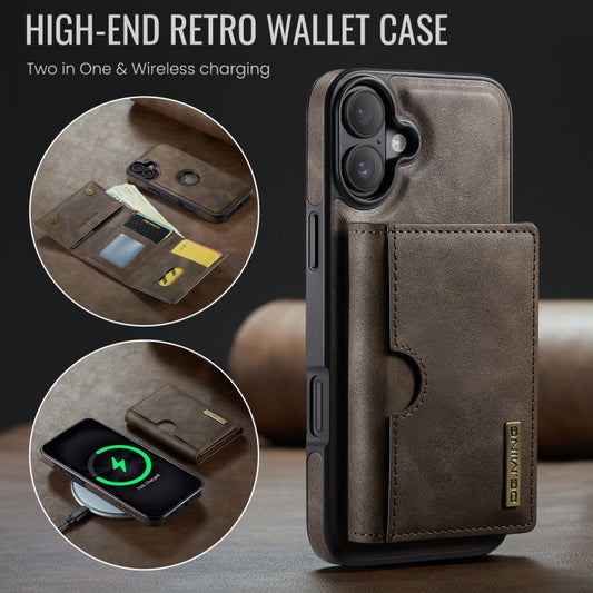 Pour iPhone 16 DG.MING M6 Series RFID Étui portefeuille triple détachable en cuir (Café)
