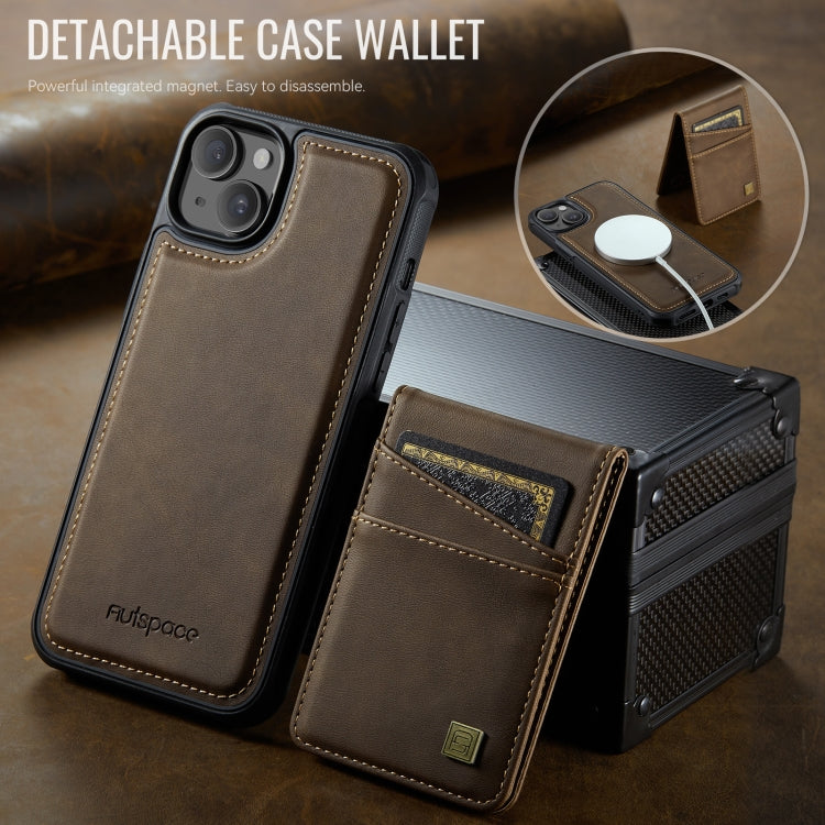 For iPhone 15 Plus AutSpace A12 MagSafe Magnetic RFID Card Bag Phone Case(Coffee)