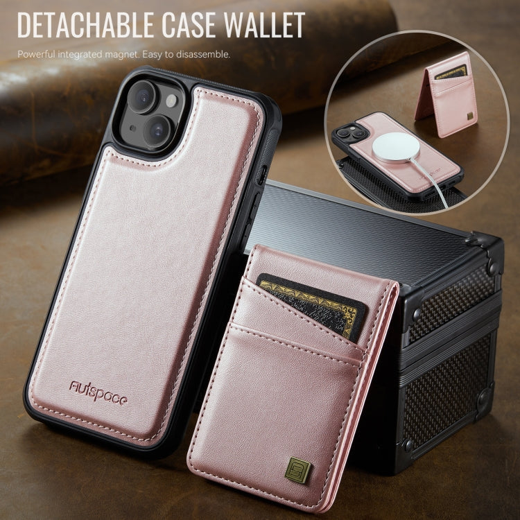 For iPhone 14 Plus AutSpace A12 MagSafe Magnetic RFID Card Bag Phone Case(Rose Gold)
