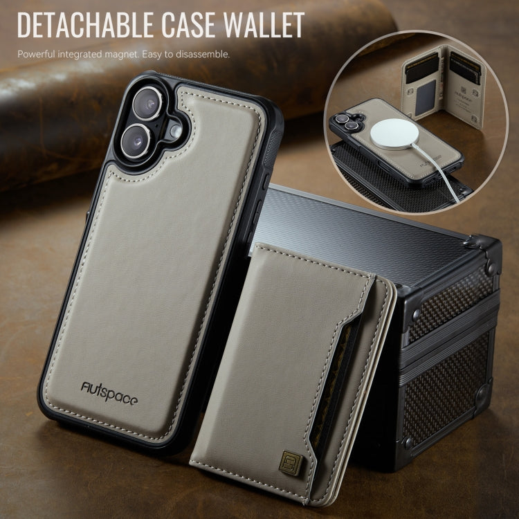 For iPhone 16 Plus AutSpace A13 MagSafe Magnetic RFID Flip Card Bag Phone Case(Grey)