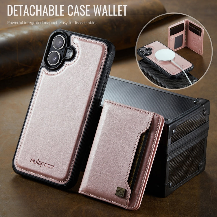 For iPhone 16 AutSpace A13 MagSafe Magnetic RFID Flip Card Bag Phone Case(Rose Gold)