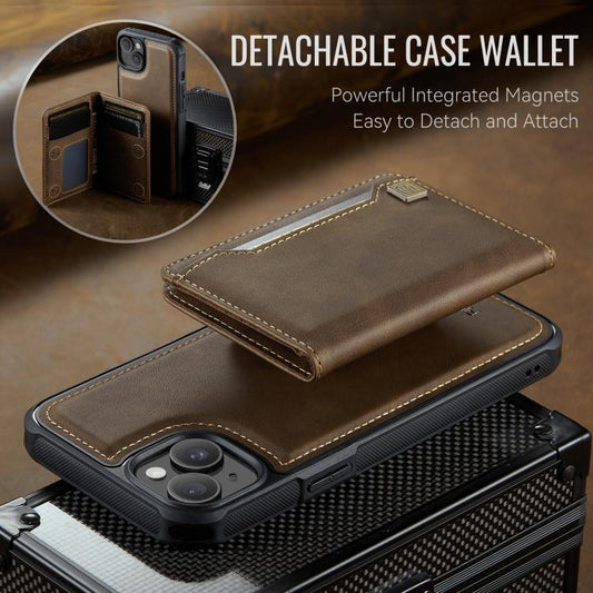 For iPhone 15 Plus AutSpace A13 MagSafe Magnetic RFID Flip Card Bag Phone Case(Coffee)