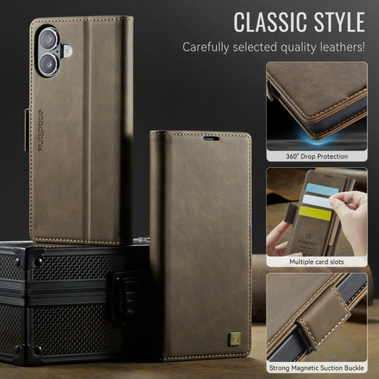For iPhone 16 AutSpace A11 Side Buckle MagSafe Magnetic RFID Phone Leather Case(Coffee)