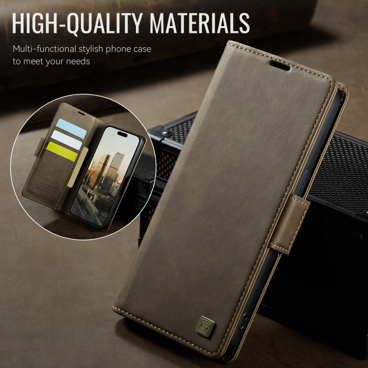 For iPhone 15 Pro AutSpace A11 Side Buckle MagSafe Magnetic RFID Phone Leather Case(Coffee)