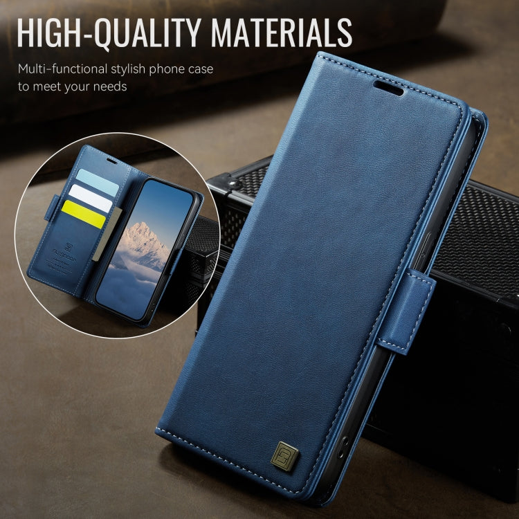 For iPhone 15 Plus AutSpace A11 Side Buckle MagSafe Magnetic RFID Phone Leather Case(Blue)