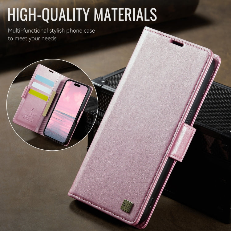 For iPhone 12 Pro Max AutSpace A11 Side Buckle MagSafe Magnetic RFID Phone Leather Case(Rose Gold)