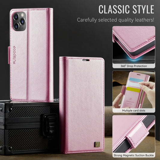 For iPhone 11 Pro Max AutSpace A11 Side Buckle MagSafe Magnetic RFID Phone Leather Case(Rose Gold)