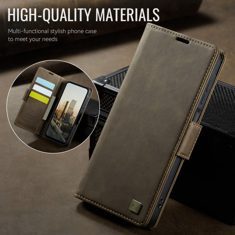 For Samsung Galaxy A14 4G / 5G AutSpace A11 Side Buckle MagSafe Magnetic RFID Phone Leather Case(Coffee)