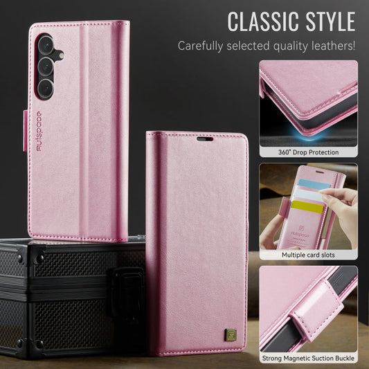 For Samsung Galaxy S24 FE 5G AutSpace A11 Side Buckle MagSafe Magnetic RFID Phone Leather Case(Rose Gold)