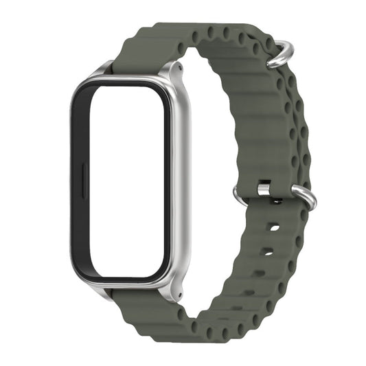 For Xiaomi Smart Band 9 Active / Redmi Band 3 Mijobs Metal Shell Marine Silicone Watch Band(khaki Grey Silver)