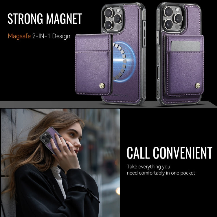 For iPhone 16 Pro Max JEEHOOD J06 British Style RFID MagSafe Card Bag PU Phone Case(Purple)