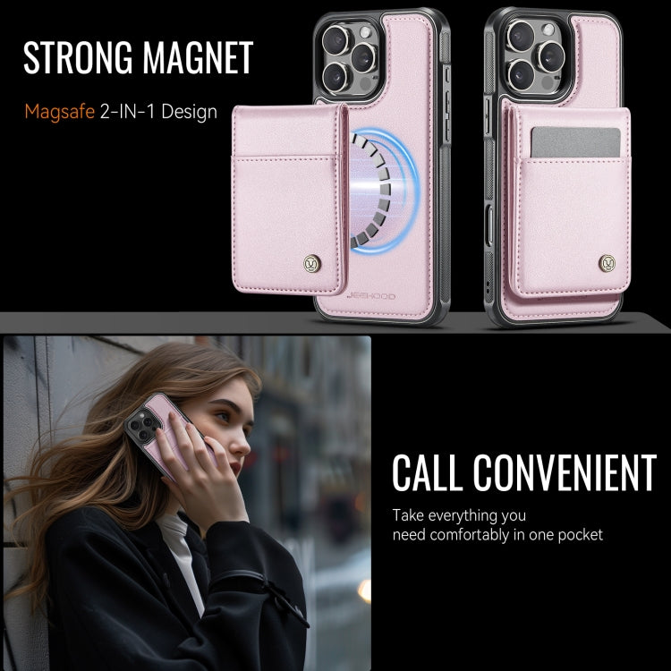 For iPhone 16 Pro Max JEEHOOD J06 British Style RFID MagSafe Card Bag PU Phone Case(Pink)